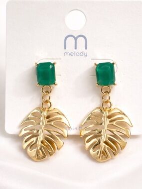 Tropical Gold Leaf Drop Earrings Green Stone Resort Statement